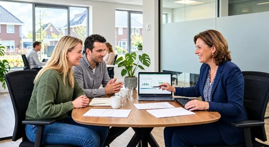 Hypotheekadviseur in gesprek met een stel aan tafel