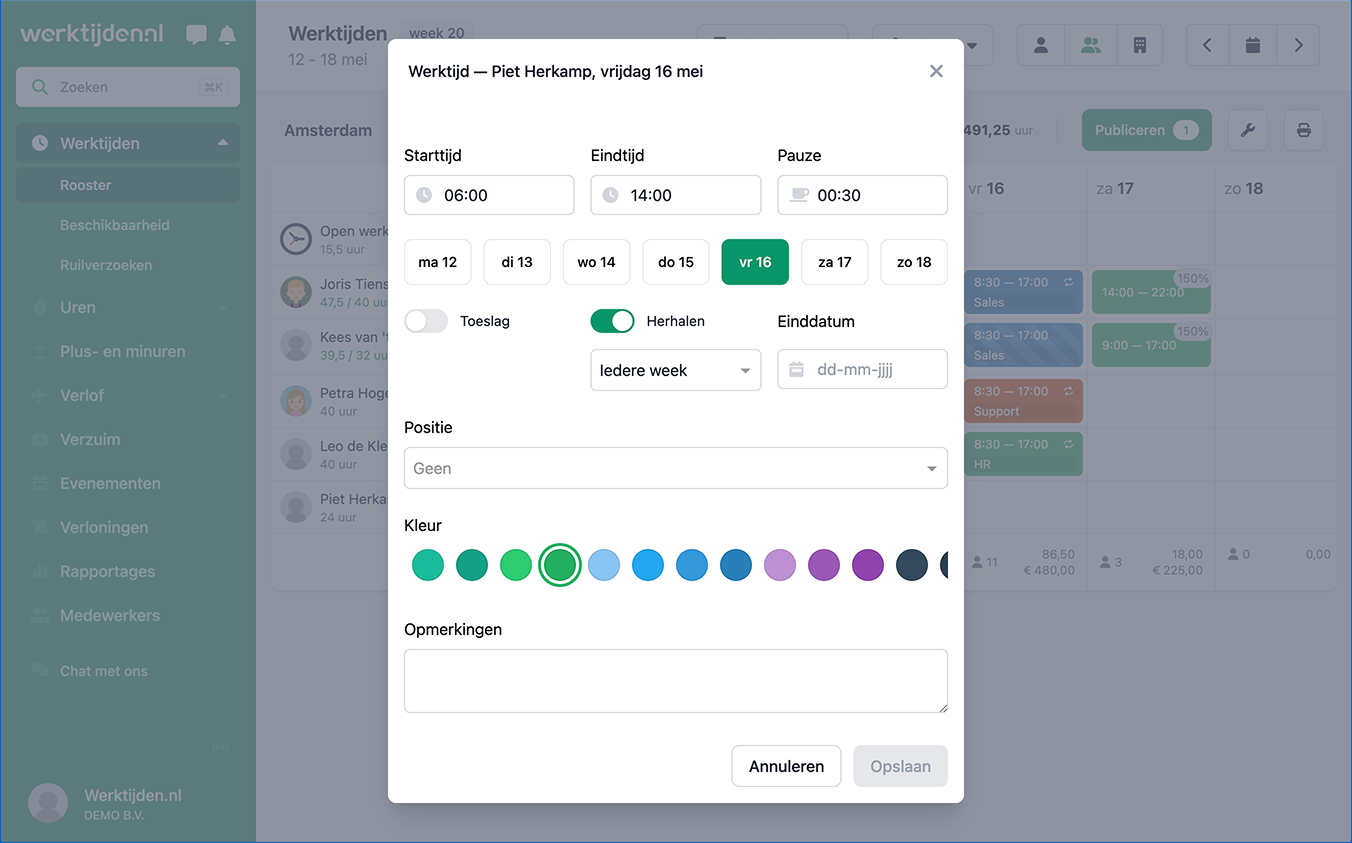 Werktijden rooster werktijd