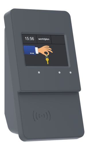 Een tijdregistratie terminal met een sleutel afgebeeld op het geïntegreerde schermpje Een tijdregistratie terminal met een sleutel afgebeeld op het geïntegreerde schermpje