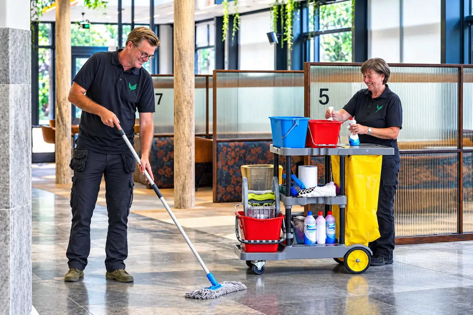 Twee mensen aan het werk in de schoonmaak branche