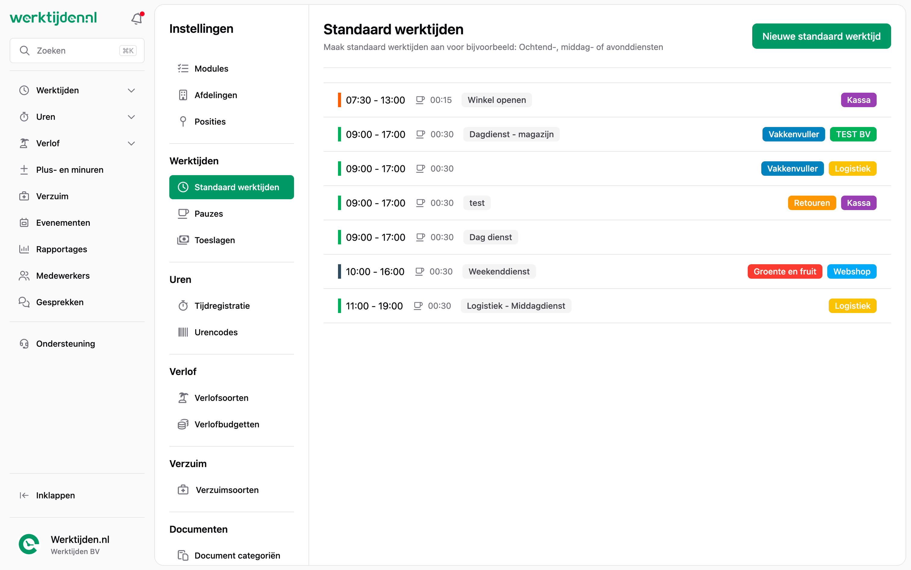 Webapp - Instellingen standaard werktijden