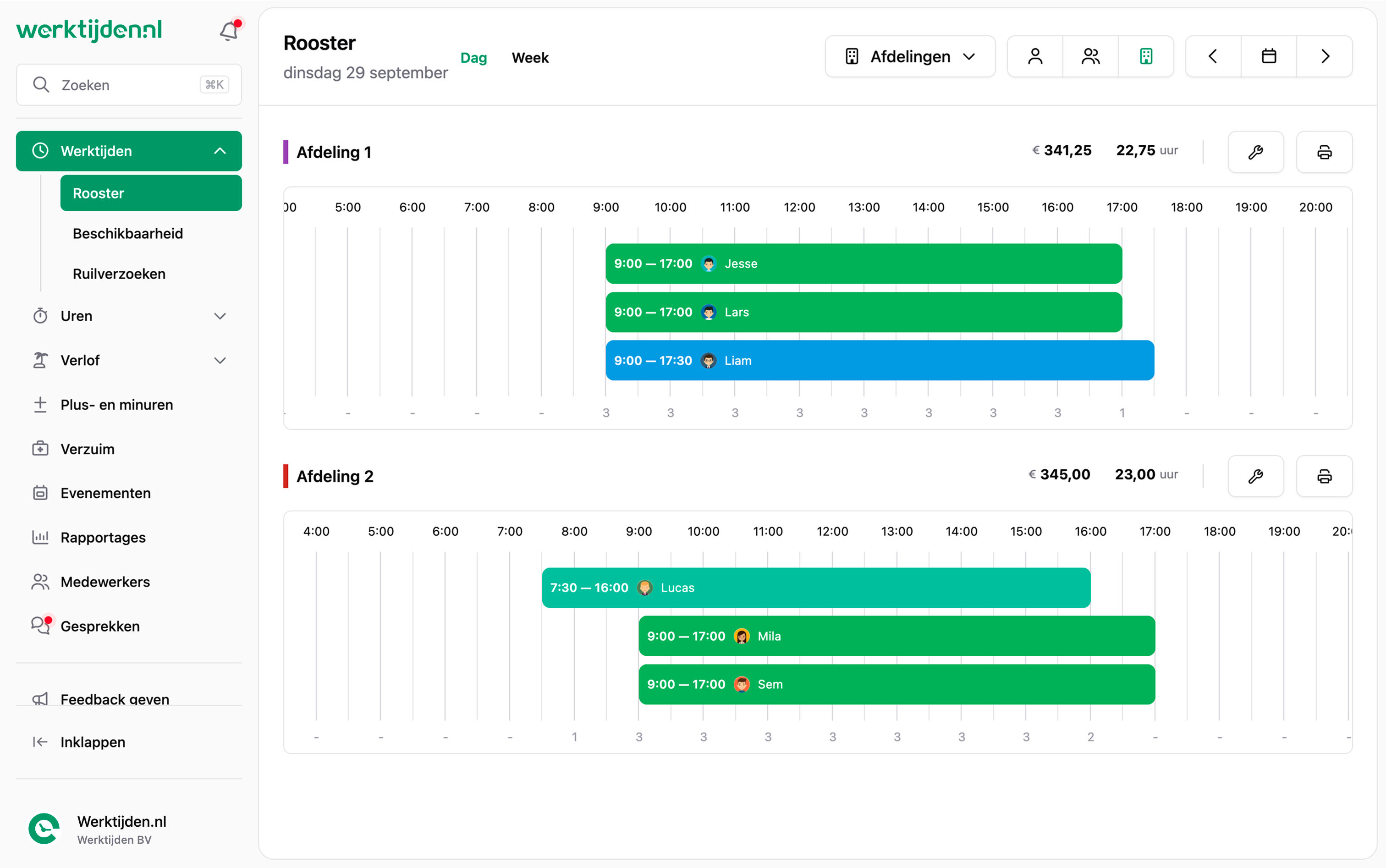 Webapp - Rooster afdelingen rooster dag
